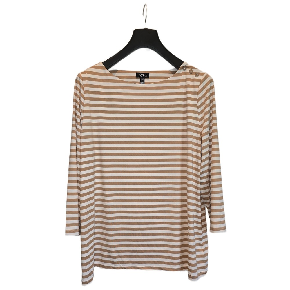 Jones New York Womens Plus 1X Striped Boatneck Top Tan White 3/4 Sleeve Button